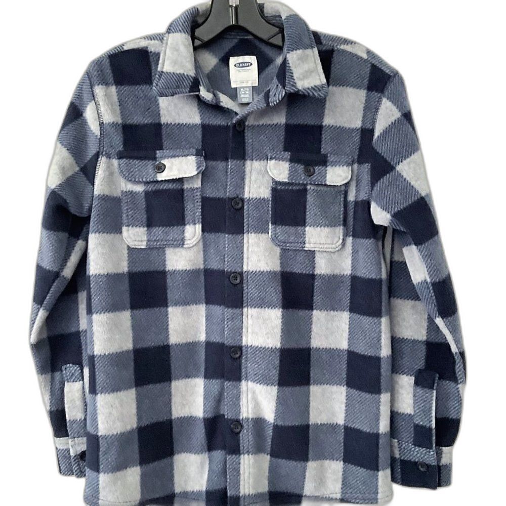 Old Navy Boys Plaid Fleece Flannel Shirt Jacket Gray Blue XL 14-16